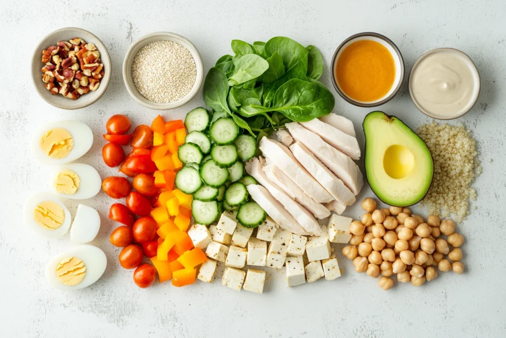 High Protein Healthy Lunch Bowl Meal Prep Ideas to Power Your Week 3 Ingredients for a high-protein lunch bowl laid out separately — protein, grains, vegetables, healthy fats, and dressing