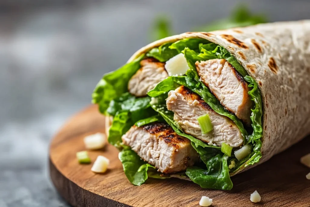 High Protein Lunch Ideas for Muscle Gain 2 Grilled chicken Caesar wrap sliced in half with romaine lettuce and Parmesan inside a whole wheat tortilla.