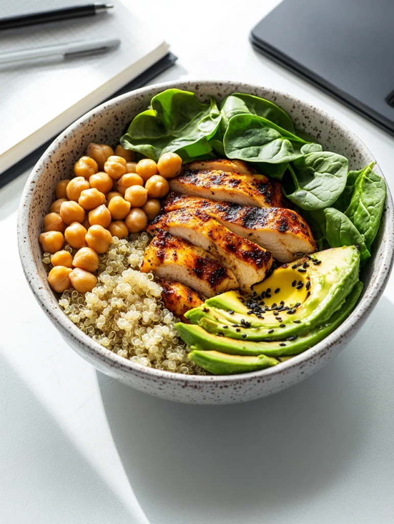High Protein Healthy Lunch Bowl Meal Prep Ideas to Power Your Week 2 High-protein lunch bowl with chicken, quinoa, avocado, and veggies on a desk beside a laptop
