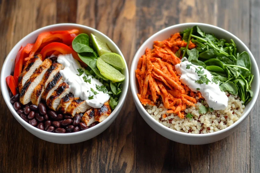 High Protein Healthy Lunch Bowl Meal Prep Ideas to Power Your Week 4 Two high-protein lunch bowls: one with chili-lime chicken and brown rice, the other with buffalo turkey and quinoa, side by side