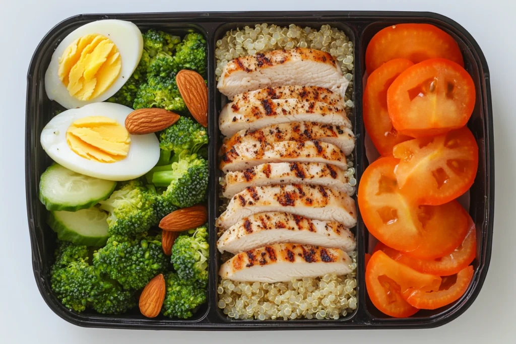 a tray of food with chicken and vegetables