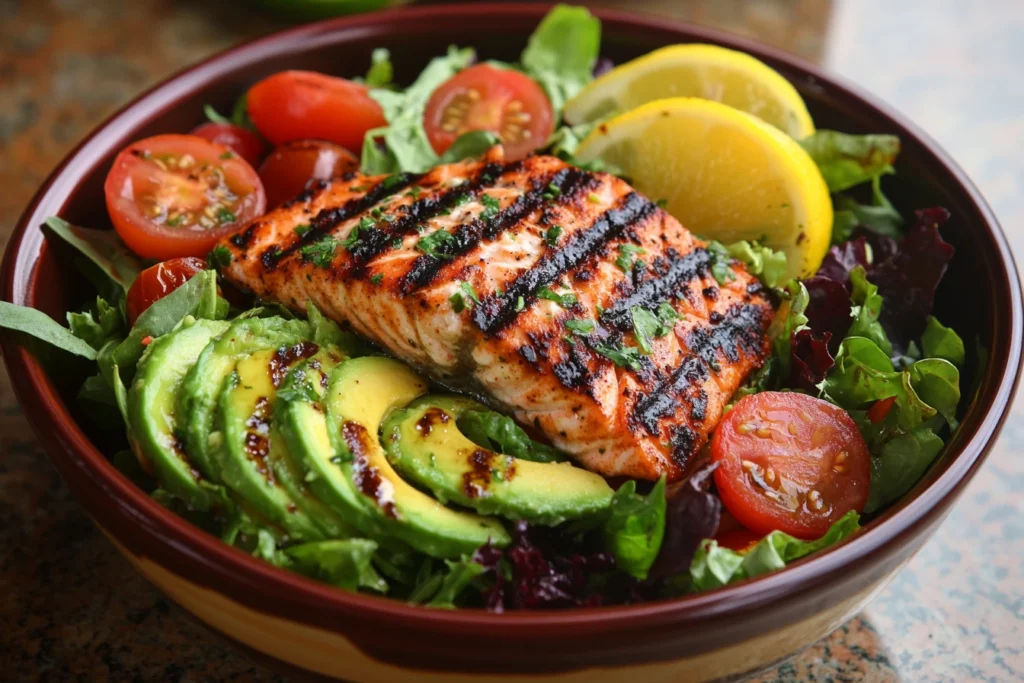 High Protein Lunch Ideas for Muscle Gain 6 Flaked grilled salmon with avocado, mixed greens, and cherry tomatoes in a bowl with lemon dressing.