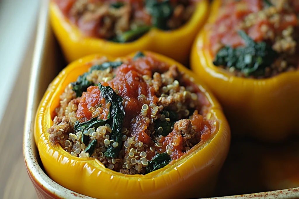 High Protein Lunch Ideas for Muscle Gain 4 Stuffed bell peppers with turkey, quinoa, spinach, and tomato sauce in a baking dish.